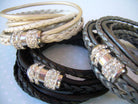 Women's triple wrap leather bracelet with metallic pearl finish and stainless steel magnetic rhinestone clasp from Urban Survival Gear USA.