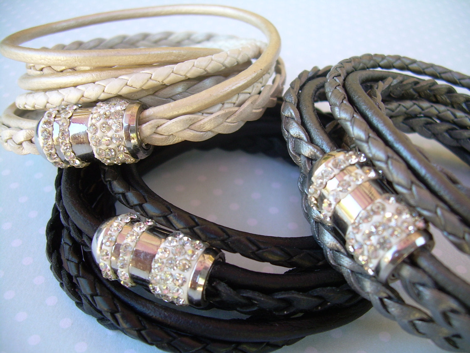 Women's triple wrap leather bracelet with metallic pearl finish and stainless steel magnetic rhinestone clasp from Urban Survival Gear USA.