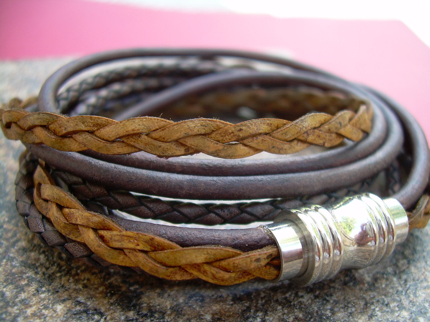 Urban Survival Gear USA men's and women's leather wrap bracelet with stainless steel magnetic clasp, stylish men's jewelry accessory.