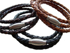 Light brown leather triple wrap bracelet with brushed stainless steel magnetic clasp by Urban Survival Gear USA, fits a 6-inch wrist.