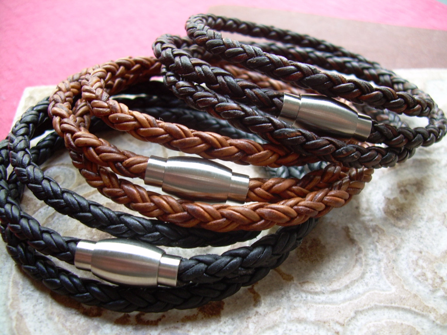 Light brown leather triple wrap bracelet with brushed stainless steel magnetic clasp from Urban Survival Gear USA.