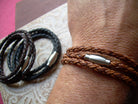 Light brown braided leather triple wrap bracelet with brushed stainless steel magnetic clasp from Urban Survival Gear USA.