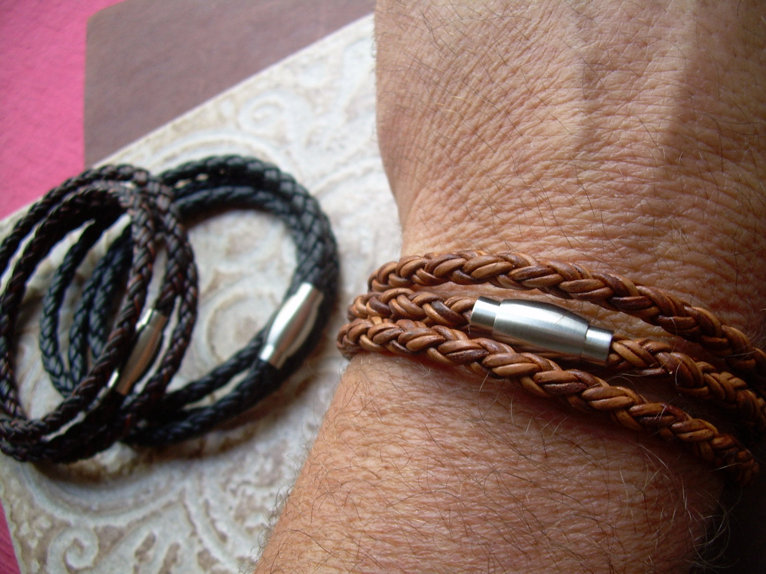Light brown braided leather triple wrap bracelet with brushed stainless steel magnetic clasp from Urban Survival Gear USA.
