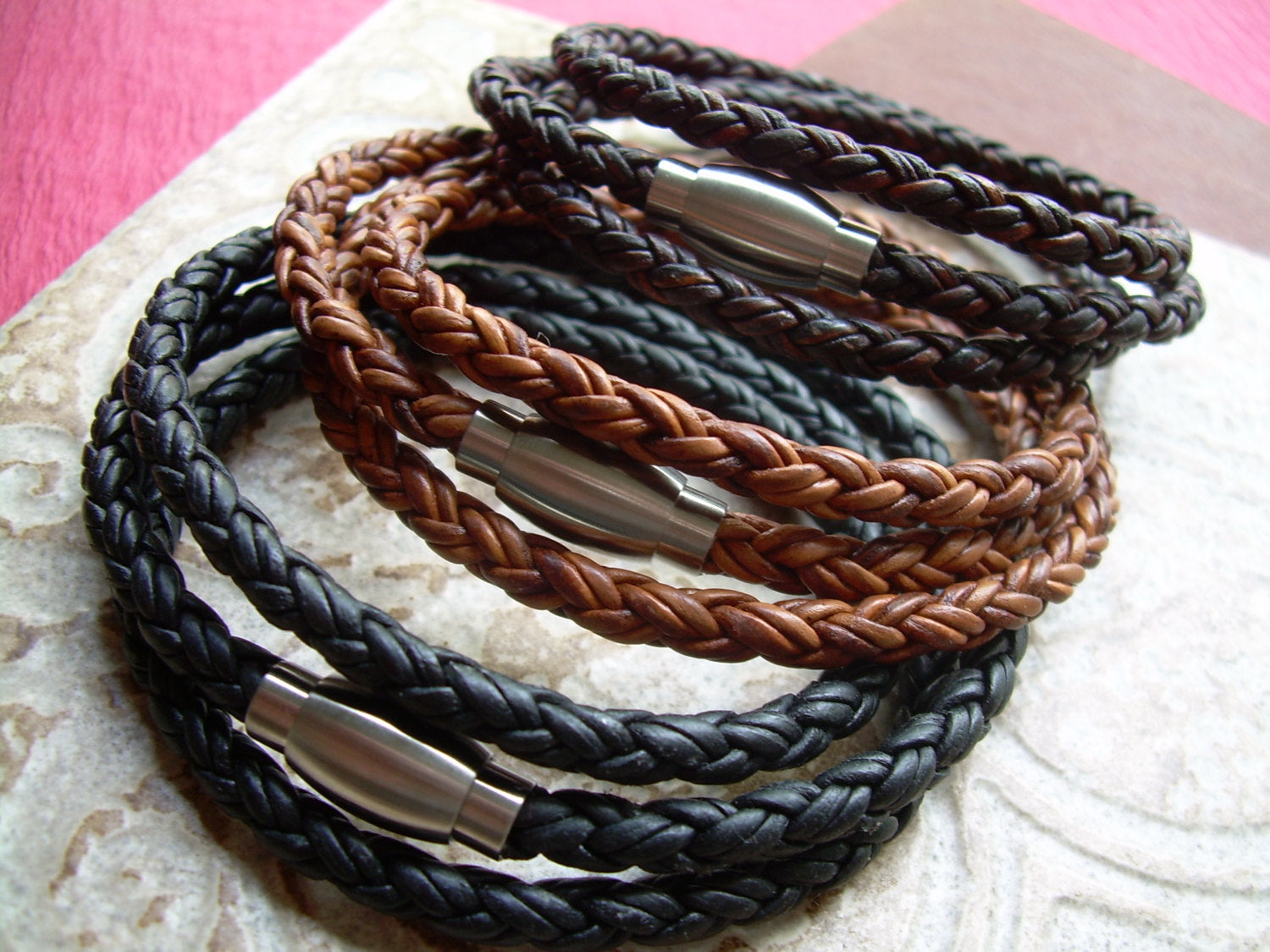 Light brown leather triple wrap bracelet with a brushed stainless steel magnetic clasp, designed for a 6-inch wrist.