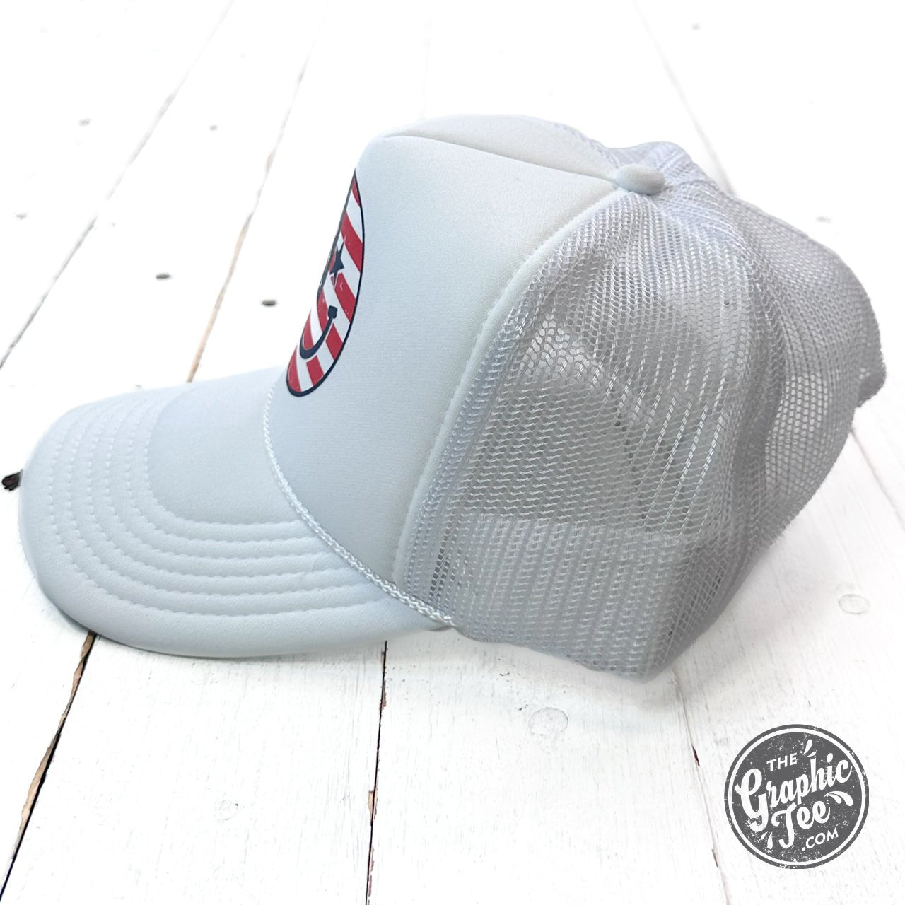 USA Smiley Foam Trucker Cap by The Graphic Tee featuring a bright smiley face design on breathable foam cap