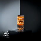 Vilona Onyx Sahara Onyx desk lamp with cylindrical shape, black and beige stone pattern, modern table lighting for décor.