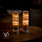 Pair of Vilona Onyx Sahara Onyx Desk Lamps featuring cylindrical design and natural stone finish on a table surface.