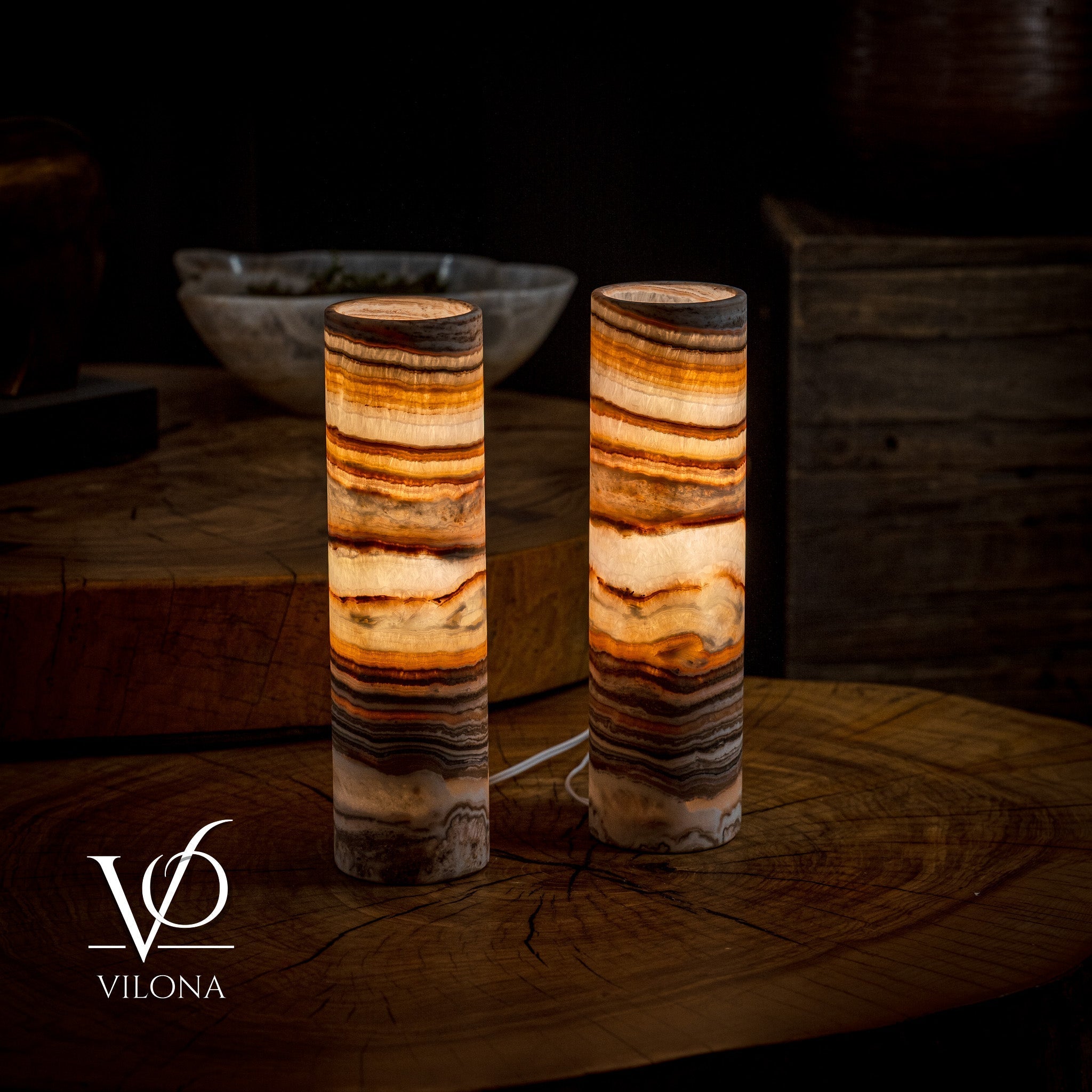 Pair of Vilona Onyx Sahara Onyx Desk Lamps featuring cylindrical design and natural stone finish on a table surface.