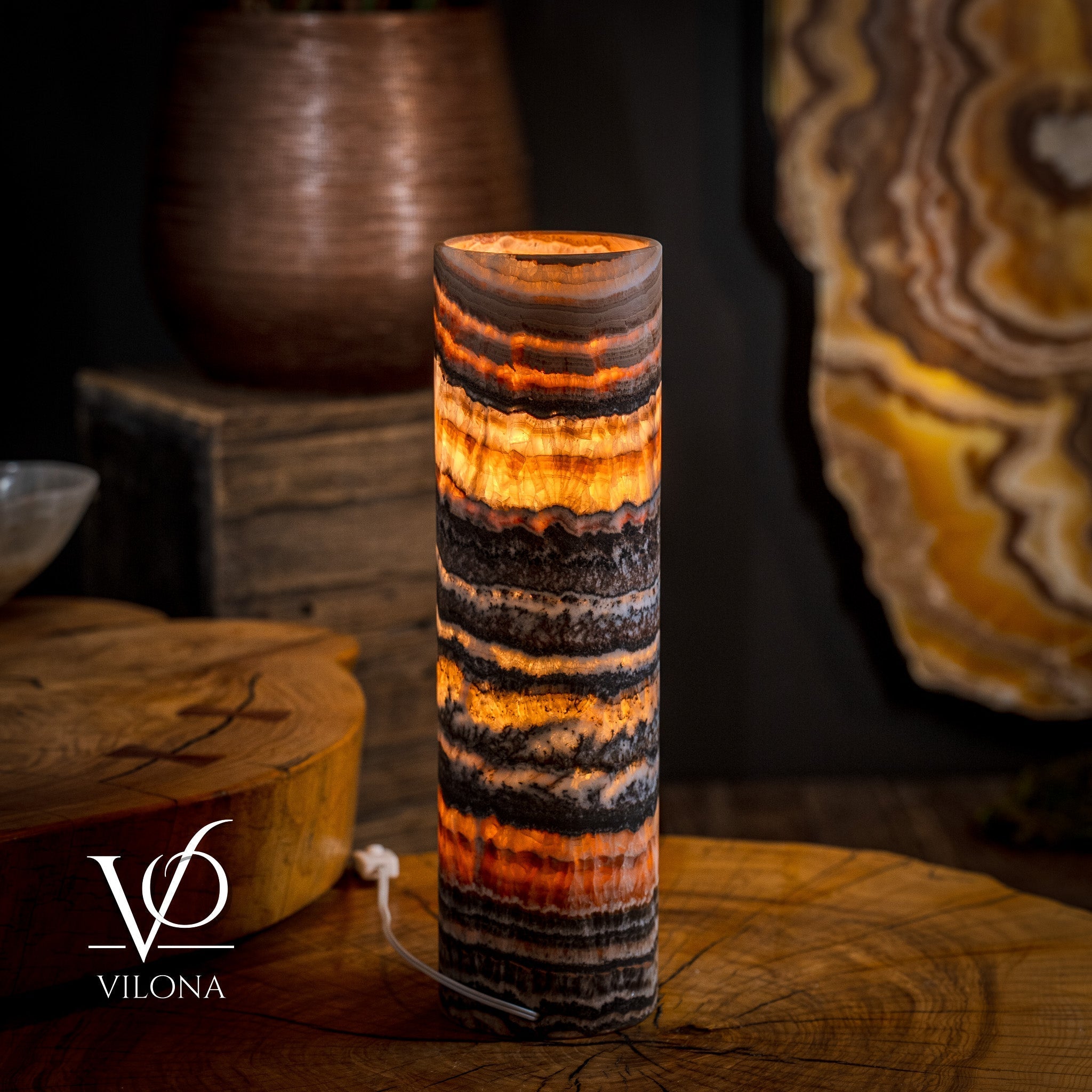 Vilona Onyx Tangerine Crystal desk lamp with onyx base and vibrant tangerine crystal accents, stylish and decorative lighting.