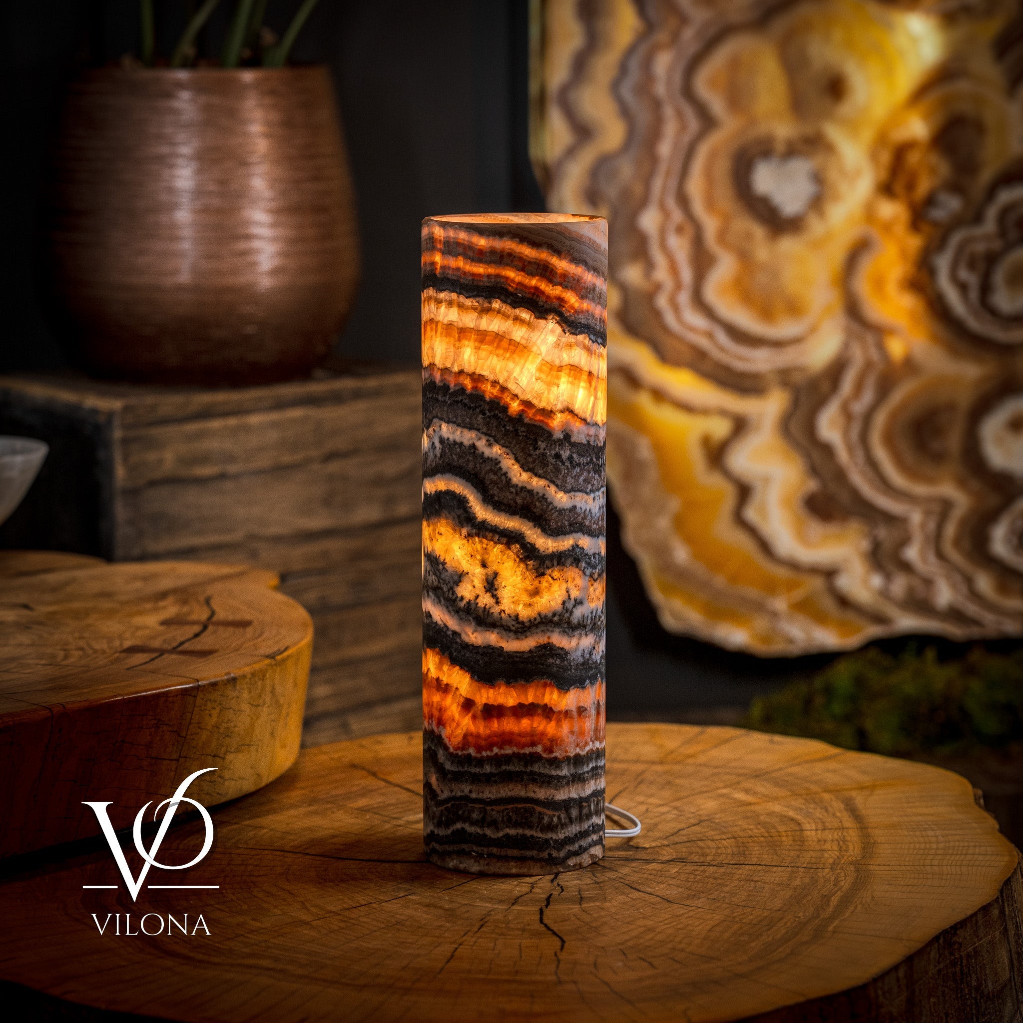 Vilona Onyx Tangerine Crystal desk lamp with onyx base and vibrant tangerine crystal accent, ideal for modern desk lighting.