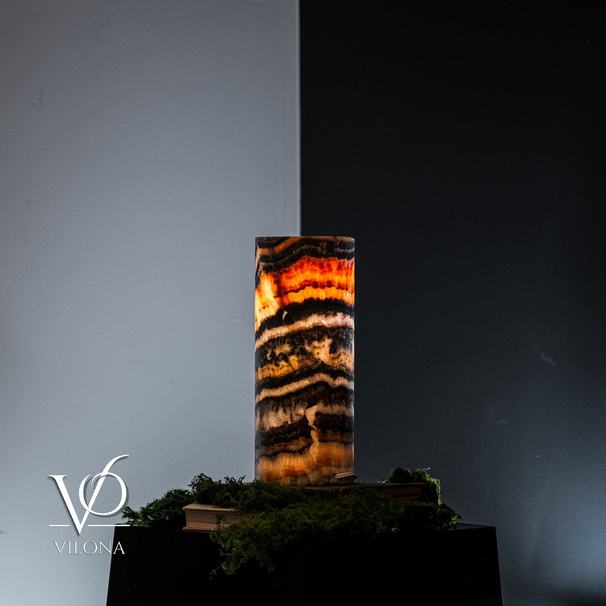 Vilona Onyx Tangerine Crystal desk lamp with onyx base and tangerine crystal accents on a modern tabletop.