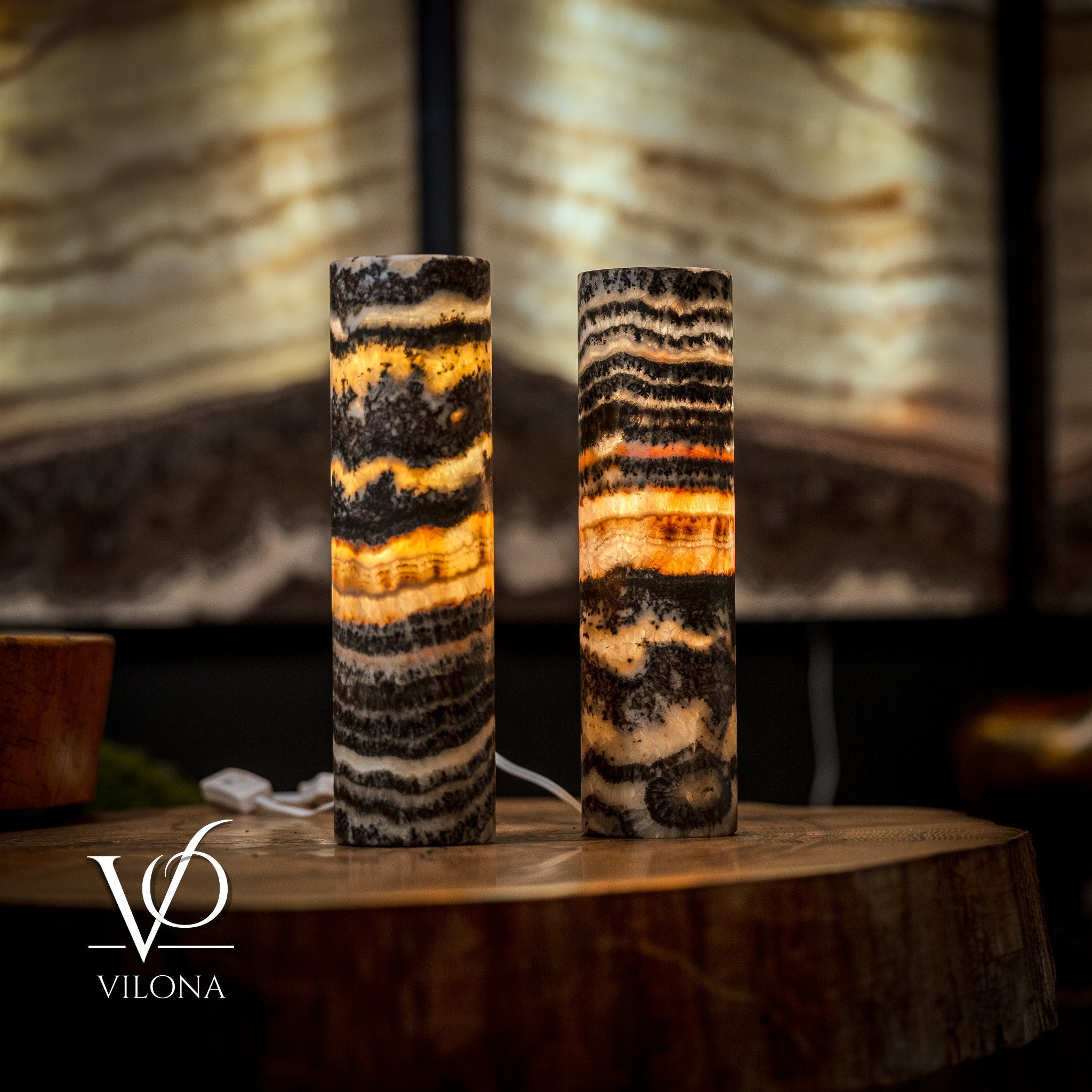 Pair of Vilona Onyx Tangerine Crystal desk lamps featuring vibrant orange onyx bases and elegant crystal accents.