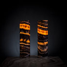 Pair of Vilona Onyx Tangerine Crystal desk lamps featuring vibrant orange onyx bases and clear crystal accents.