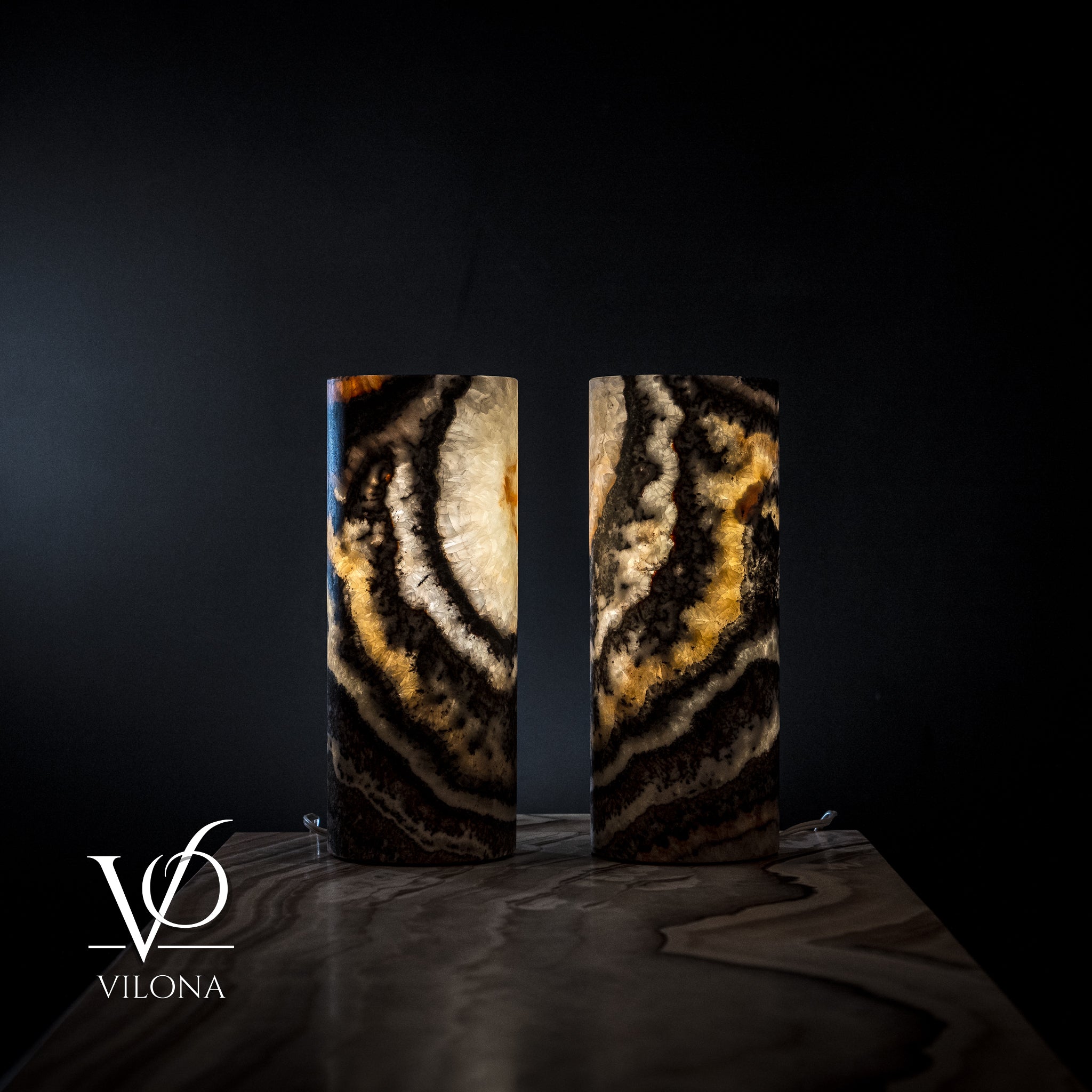 Pair of Vilona Onyx Tangerine Crystal desk lamps with onyx bases, featuring vibrant orange crystal accents for elegant lighting.