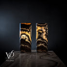 Pair of Vilona Onyx Tangerine Crystal desk lamps featuring vibrant tangerine-colored crystal onyx bases and sleek modern design.