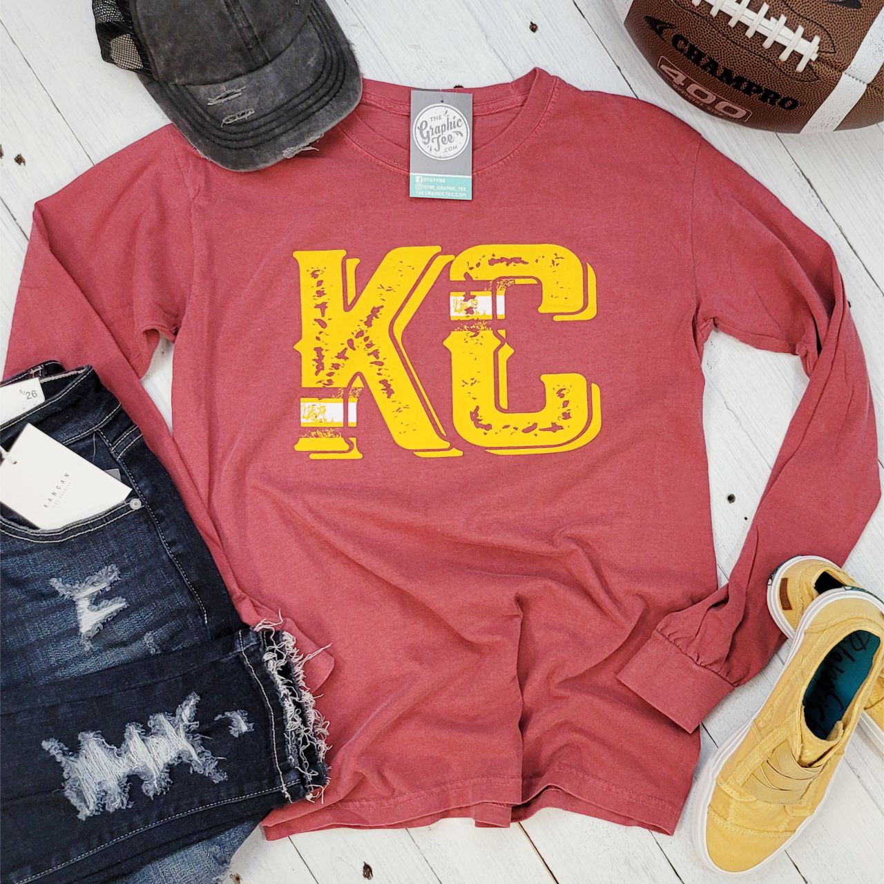 Vintage KC Comfort Colors long sleeve graphic tee featuring a retro design, made by The Graphic Tee, with soft, comfortable fabric.