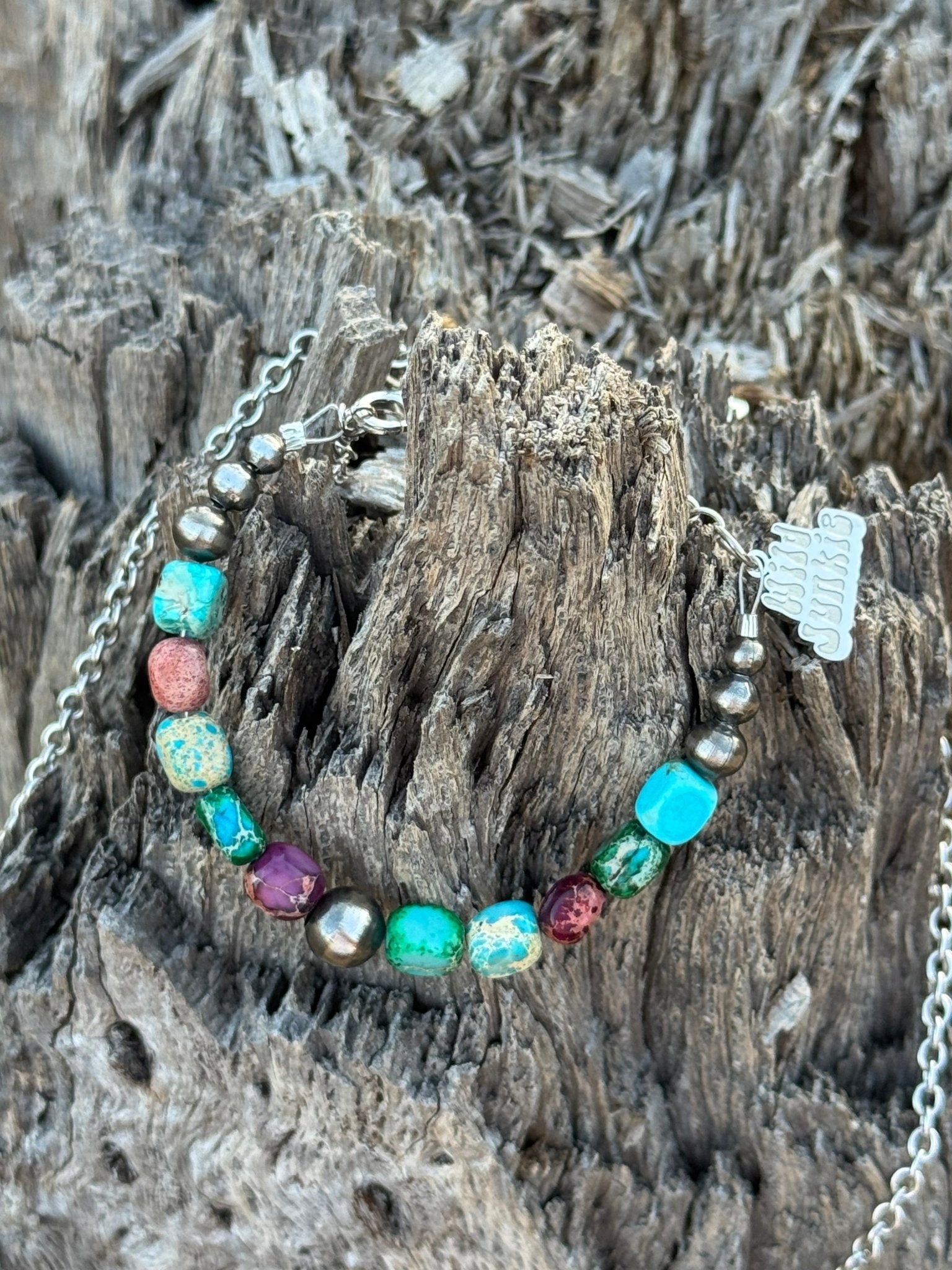 Sterling silver bracelet with authentic jasper and turquoise stones, featuring a chain design from Wild Junkie.