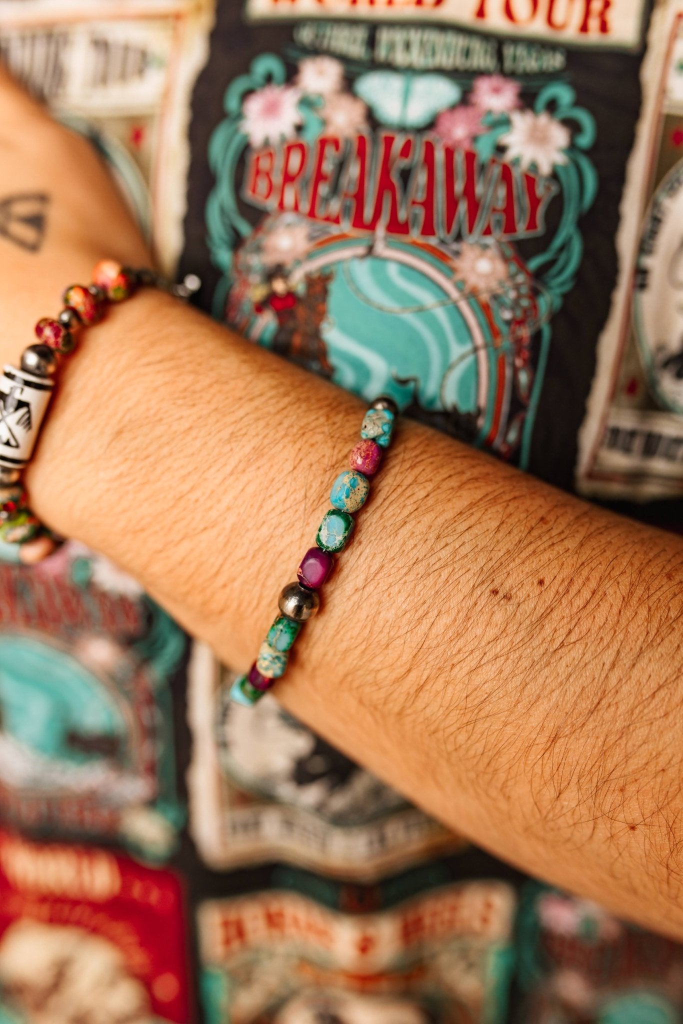 Sterling silver bracelet featuring authentic jasper and turquoise beads, designed by Wild Junkie.