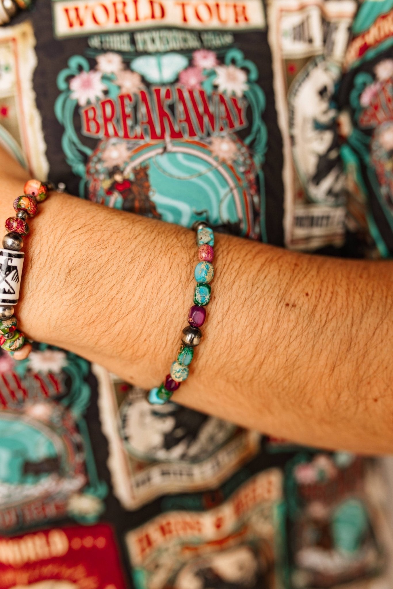 Sterling silver Jasper and turquoise chain bracelet featuring natural gemstone beads and intricate silver details.