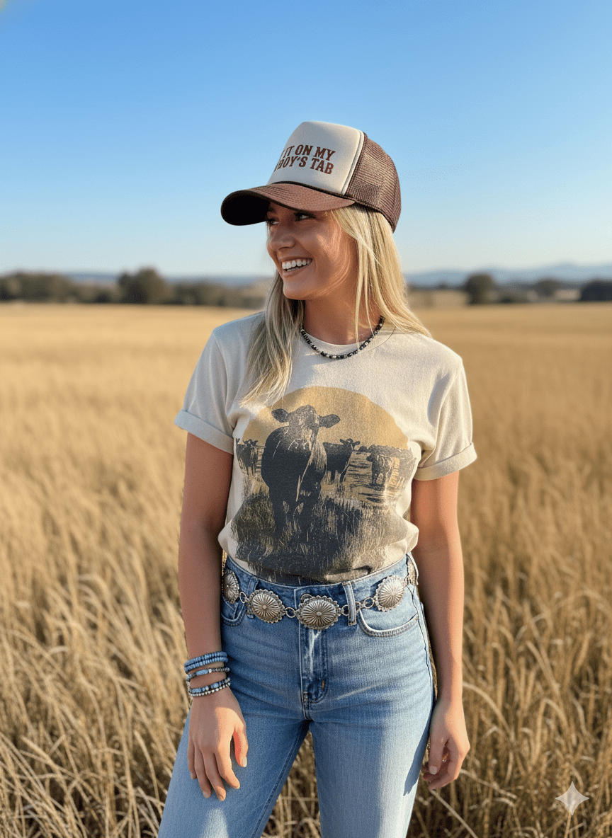 Wild Junkie Pasture Sunset Graphic Tee featuring a colorful sunset and pasture scene on a casual cotton t-shirt.