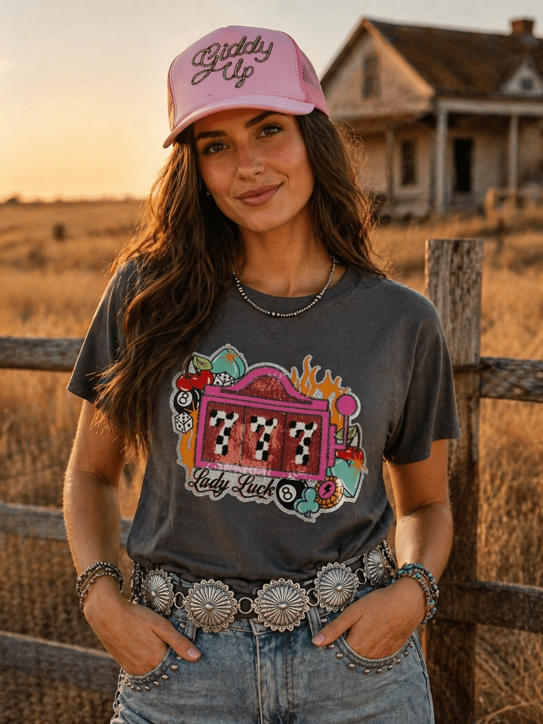 Wild Junkie Lady Luck slot machine graphic tee with sequin patch, featuring a vibrant and stylish design on a casual tee.