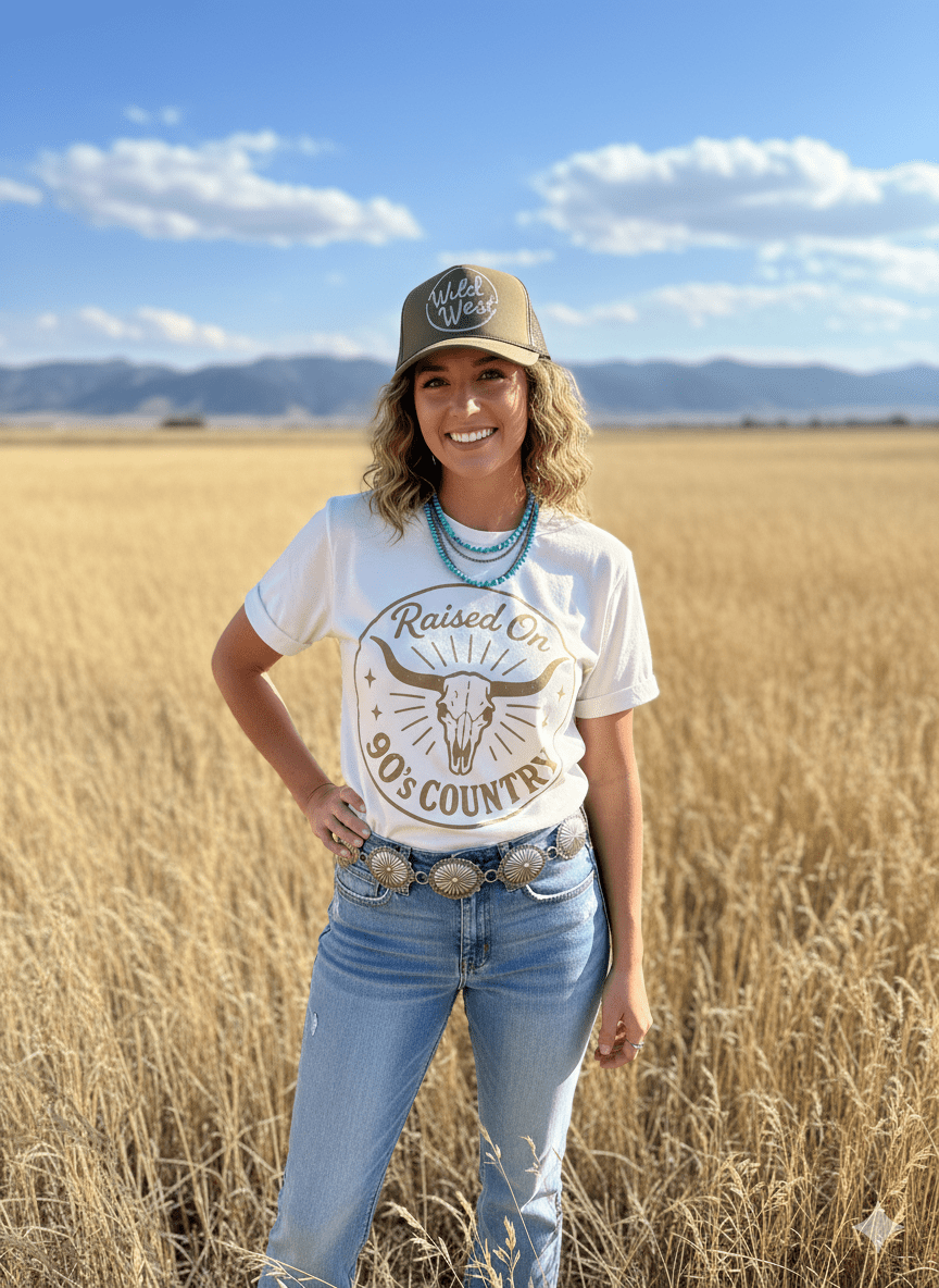 Wild Junkie 90's country steer skull graphic tee featuring bold country-inspired artwork on a casual graphic tee.