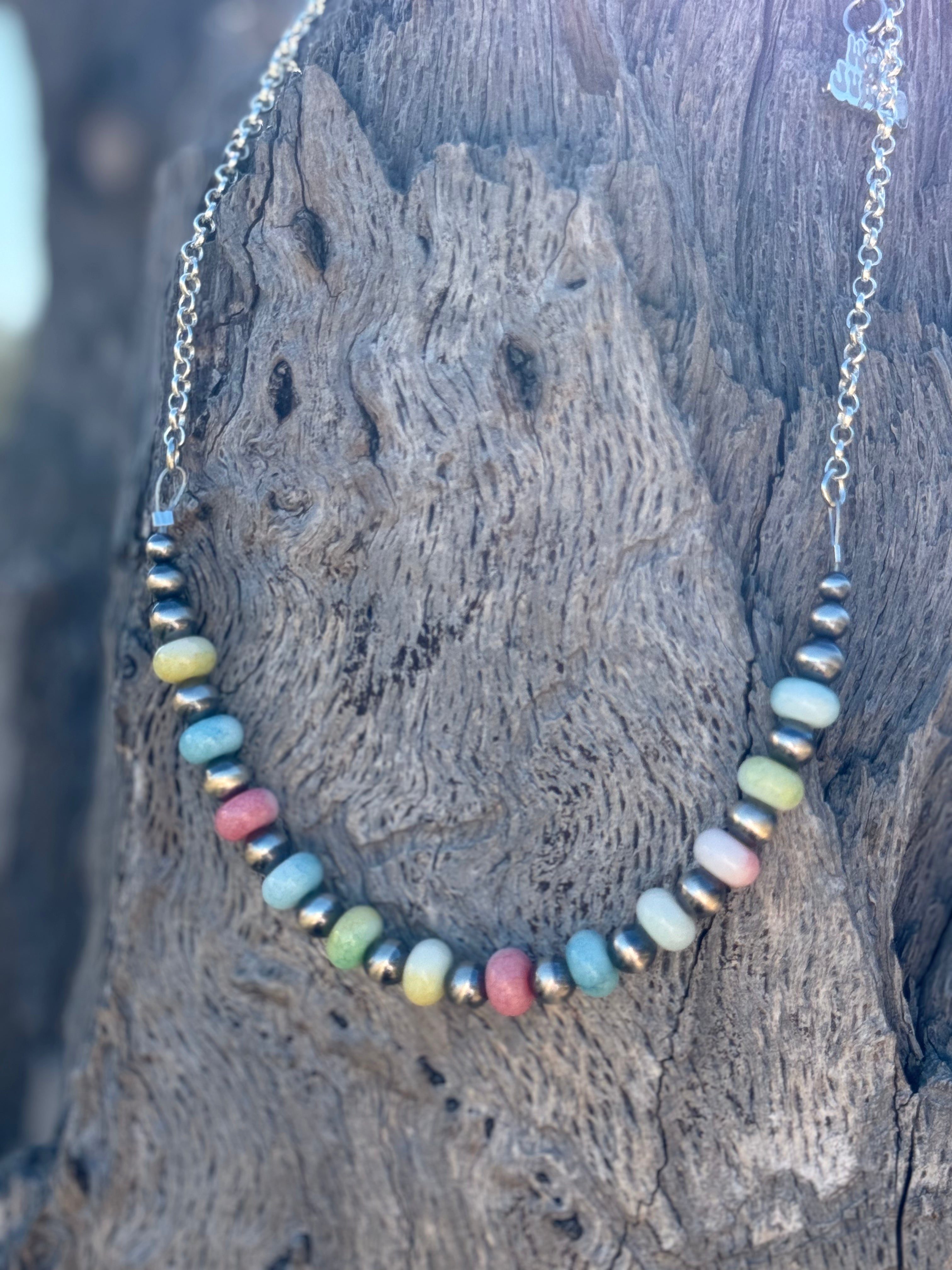 Spring pastel opal chain necklace by Wild Junkie featuring soft pastel-colored oval opal beads on a delicate chain.