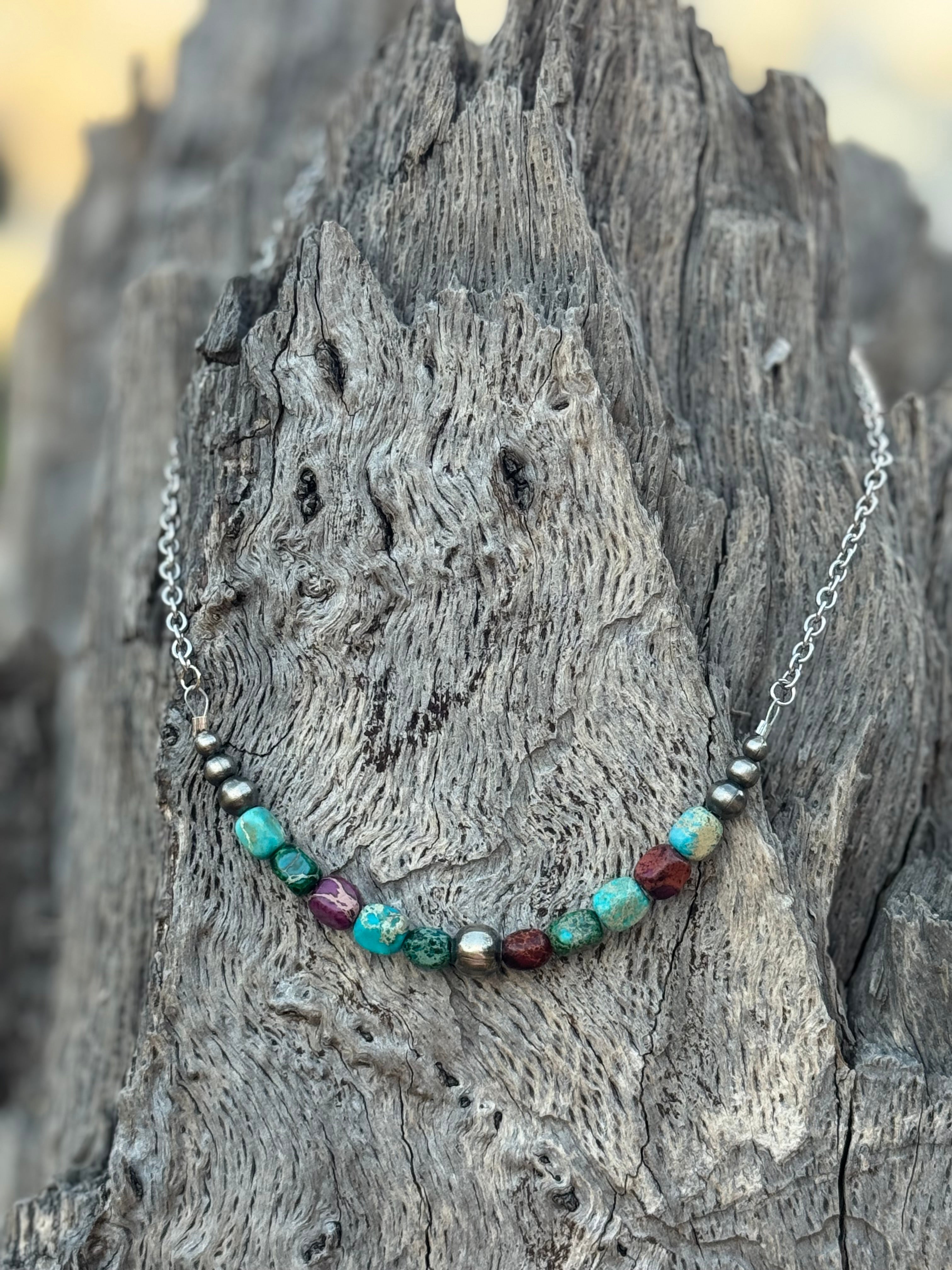 Sterling silver Jasper turquoise necklace with polished beads and intricate clasp, stylish accessory from Wild Junkie.