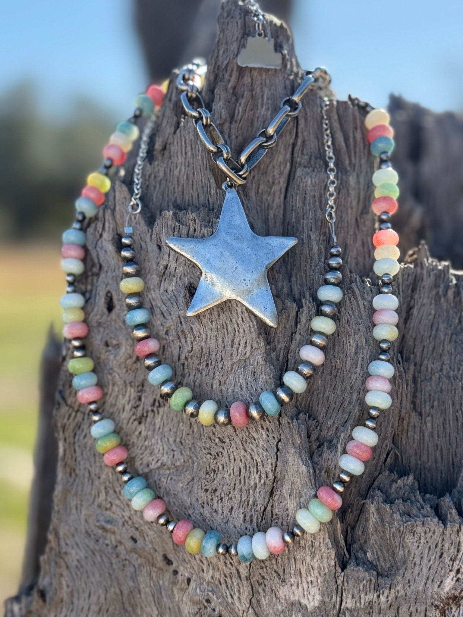 Sterling silver beaded choker necklace with pastel opal stones, featuring a delicate chain design by Wild Junkie.