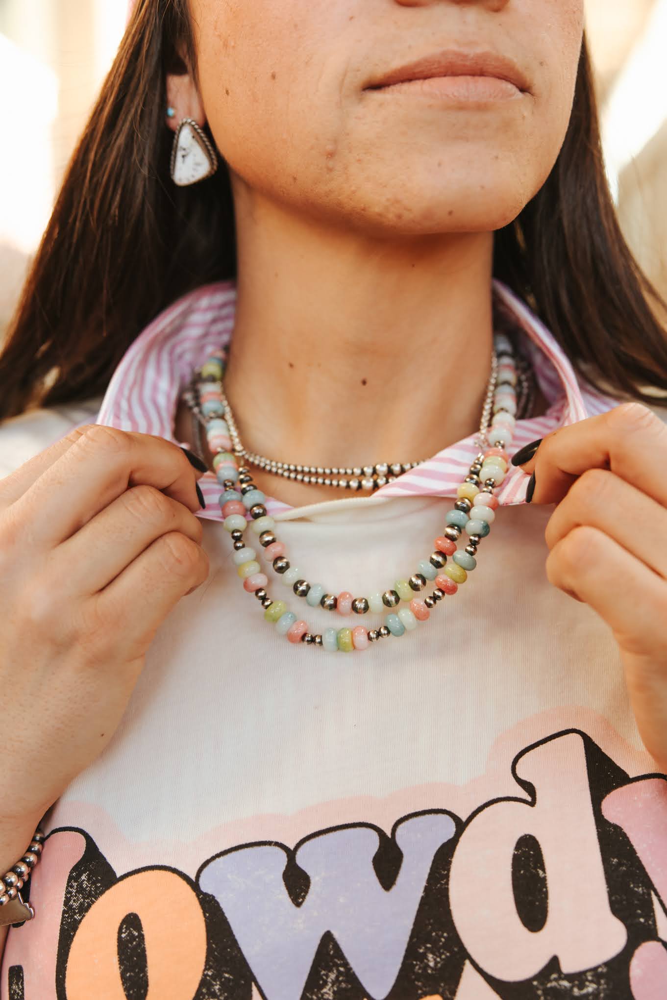 Sterling silver beaded choker necklace with pastel opal stones, crafted by Wild Junkie, featuring a delicate and elegant design.