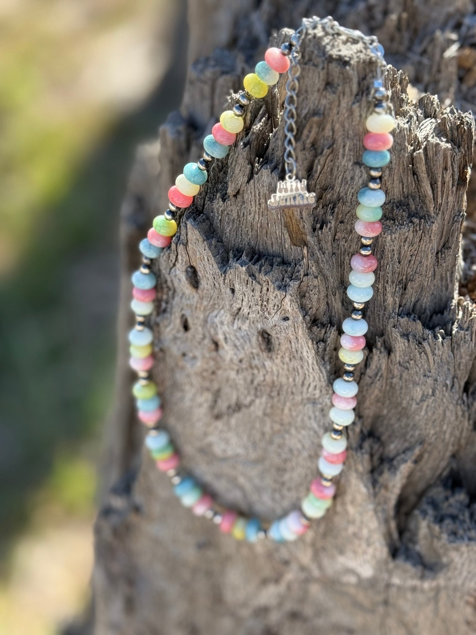 Sterling silver pastel opal beaded choker necklace with delicate beads, stylish jewelry by Wild Junkie.
