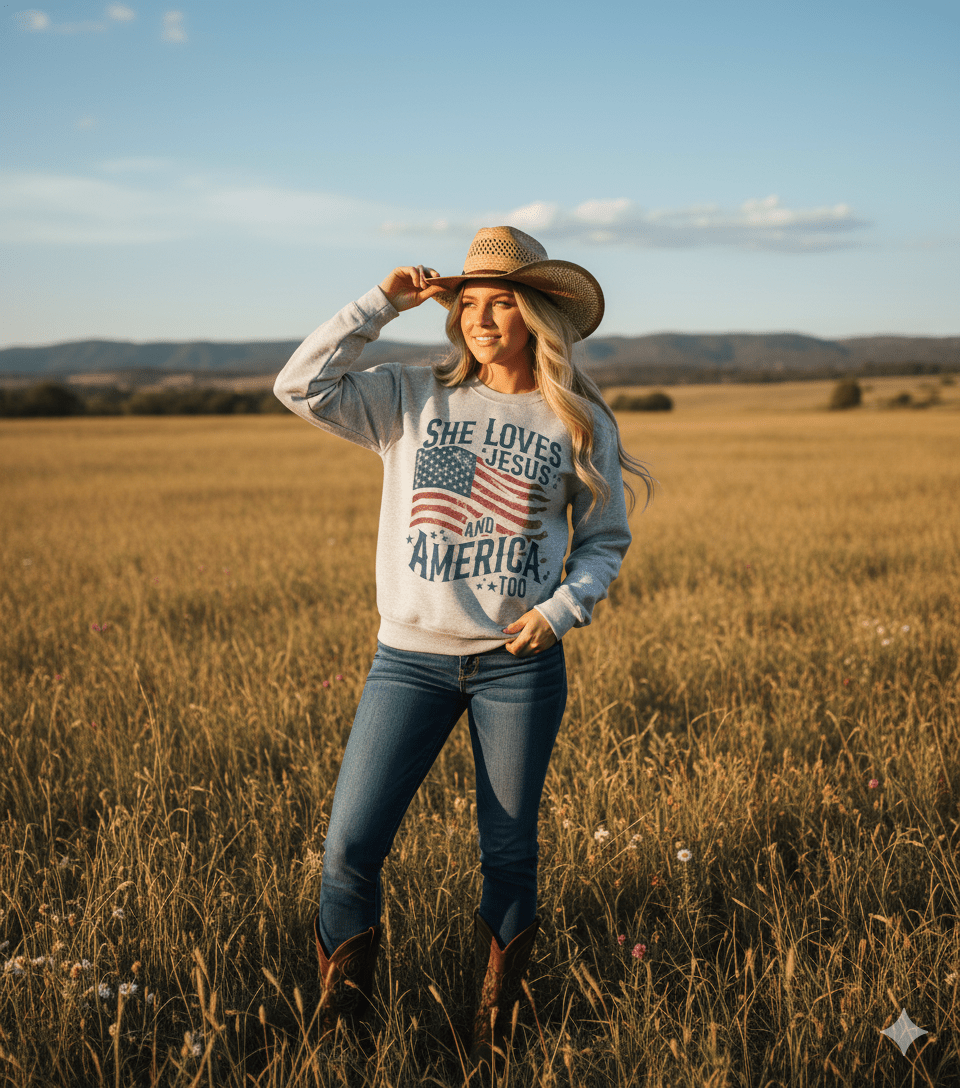 Wild Junkie She Loves Jesus & America sweatshirt featuring patriotic and religious graphic on soft fabric.