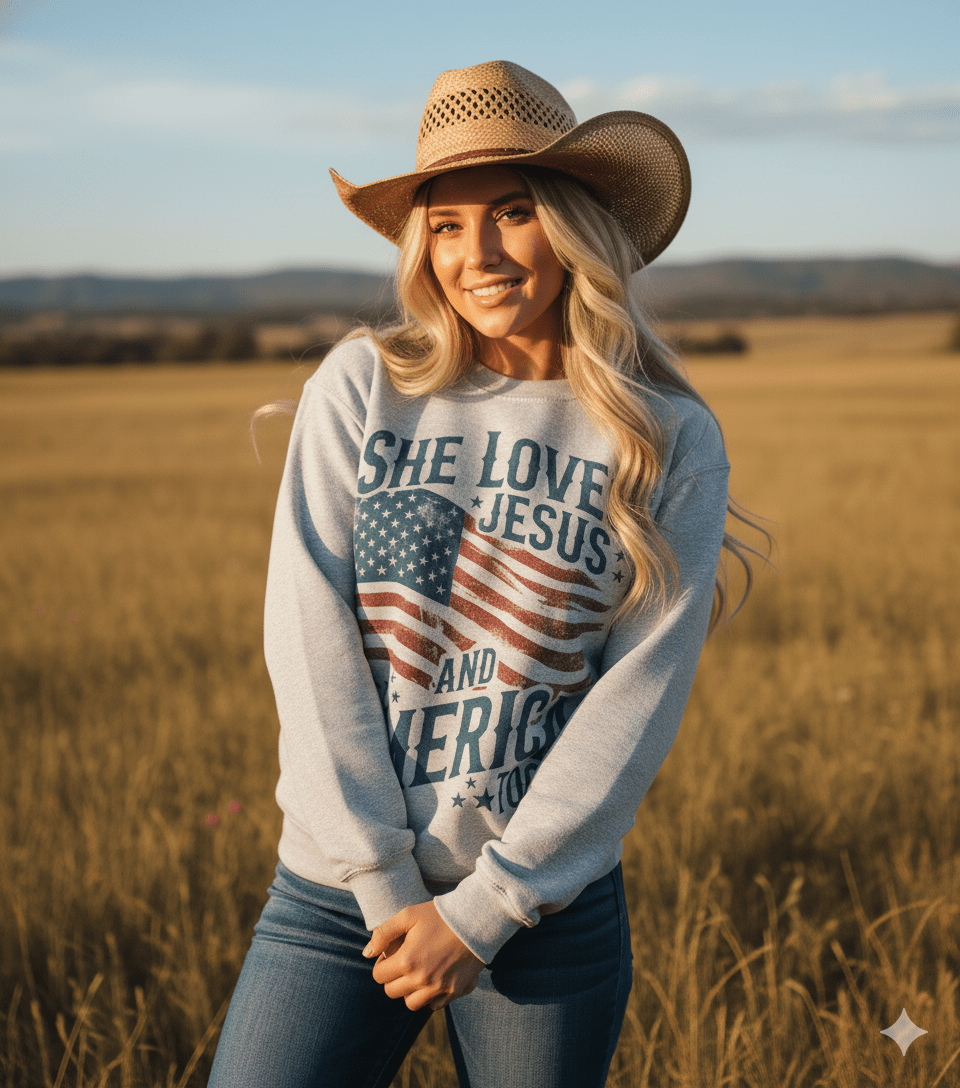 Wild Junkie She Loves Jesus & America sweatshirt featuring patriotic and religious graphic design on soft fabric.