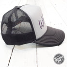 Wildcats charcoal and white foam trucker cap with mesh back and adjustable strap, branded by The Graphic Tee.