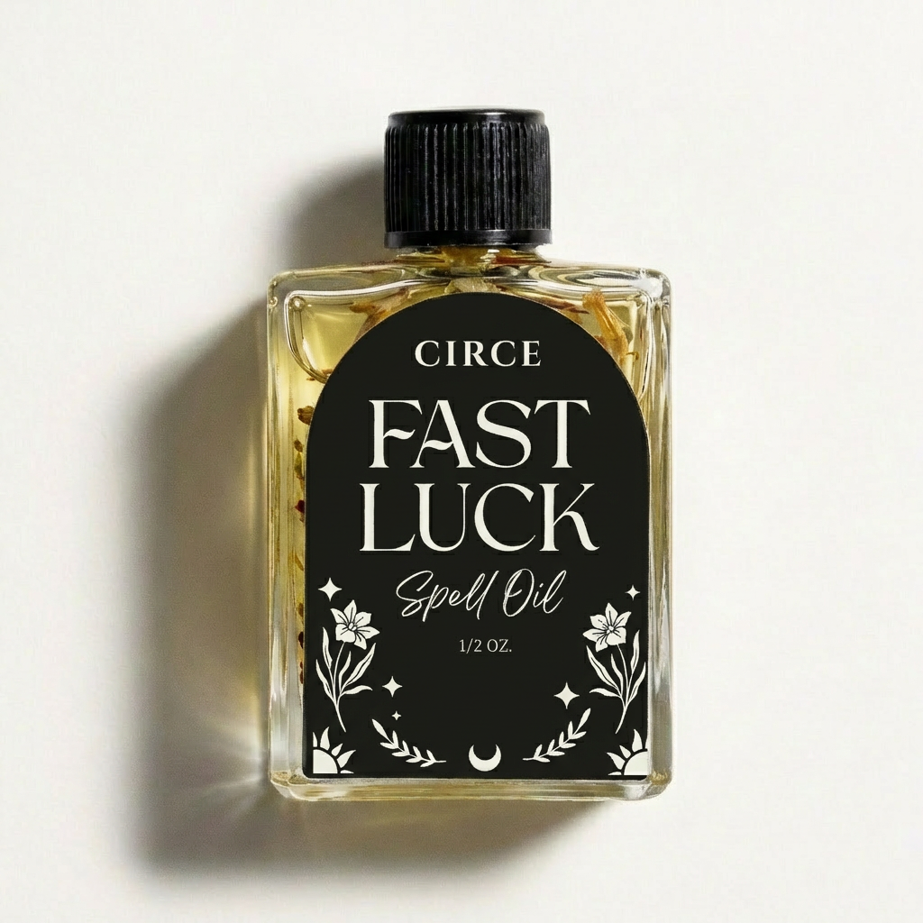 Fast Luck Ritual Oil from Circe Boutique, a small bottle of good fortune and opportunity oil with a decorative label and gold accents.