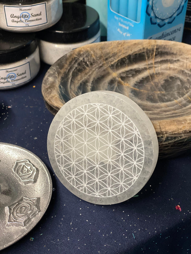 Flower of Life Selenite Round Plate - Practical Magic Store