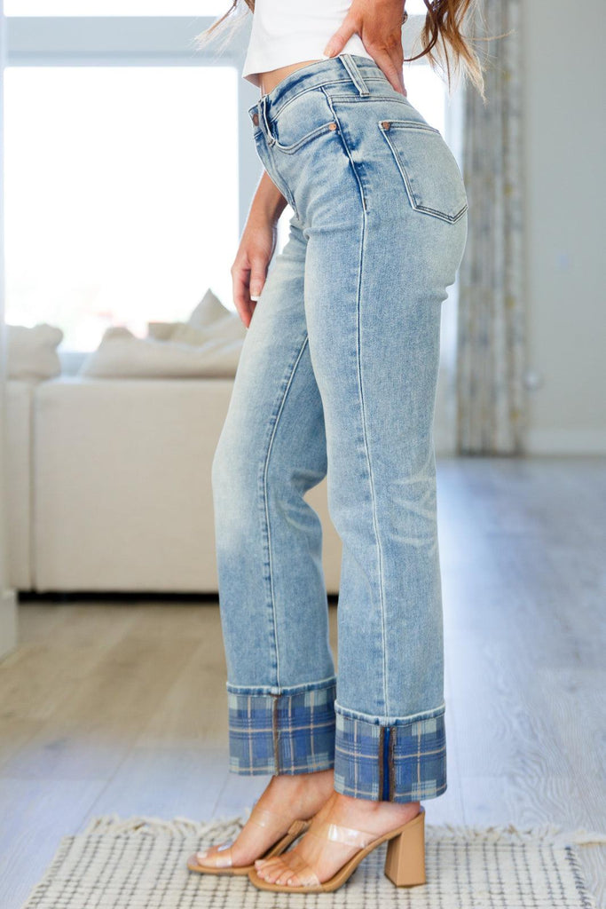 Miranda High Rise Plaid Cuff Vintage Straight Jeans - Practical Magic Store
