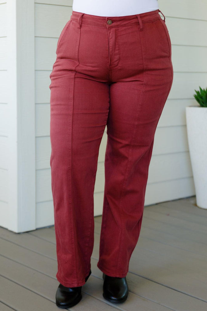 Phoebe High Rise Front Seam Straight Jeans in Burgundy - Practical Magic Store