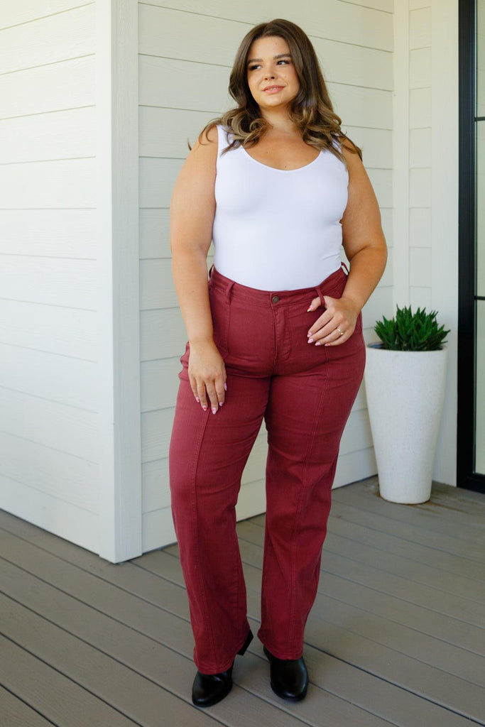 Phoebe High Rise Front Seam Straight Jeans in Burgundy - Practical Magic Store