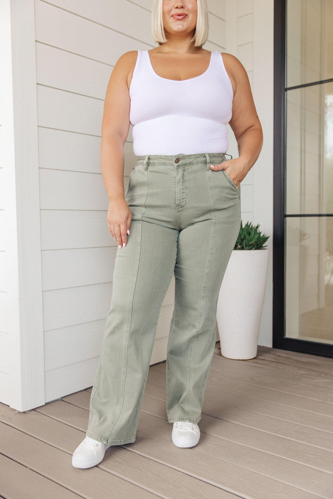 Phoebe High Rise Front Seam Straight Jeans in Sage - Practical Magic Store