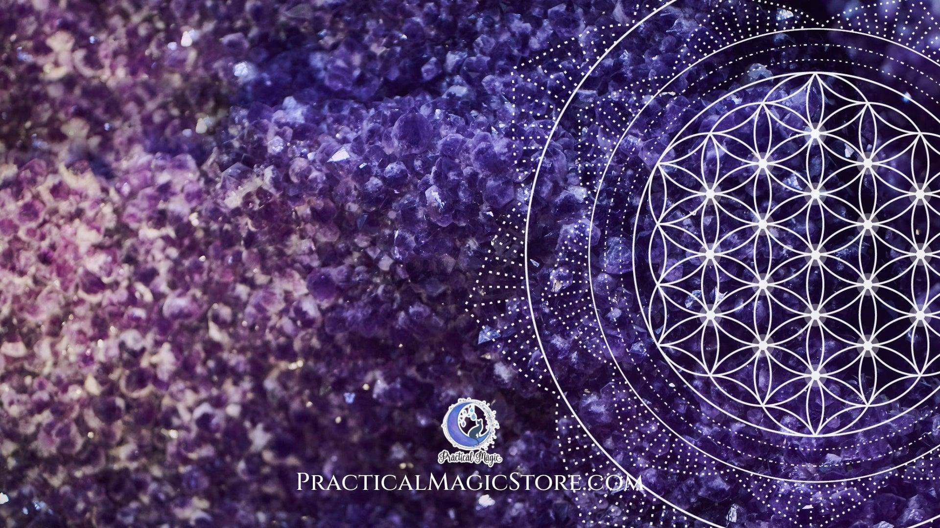 Downloadable Practical Magic Amethyst Flower of Life screensaver featuring a vibrant purple gemstone design and mystical floral patterns.