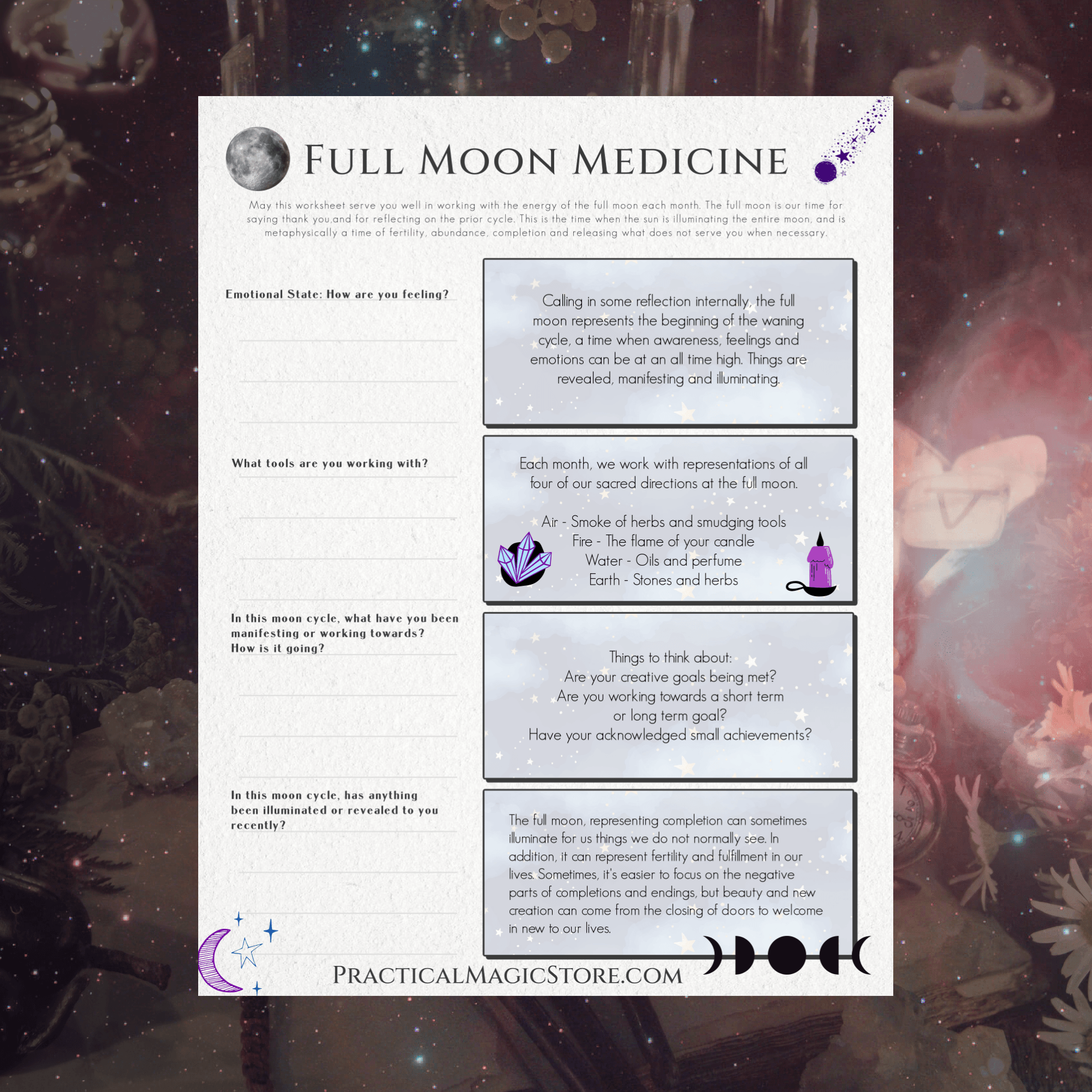 Full Moon Worksheet from 1 Practical Magic Store, featuring printable lunar activity with moon phases and mystical symbols.