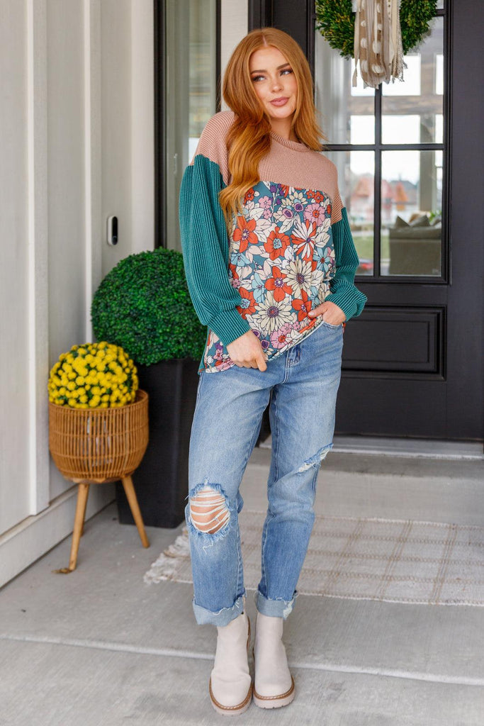Retro and Ribbed Floral Color Block Top - Practical Magic Store