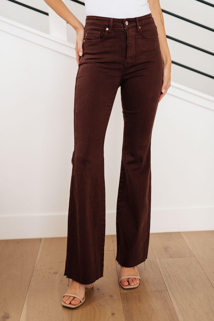 Sienna High Rise Control Top Flare Jeans in Espresso - Practical Magic Store