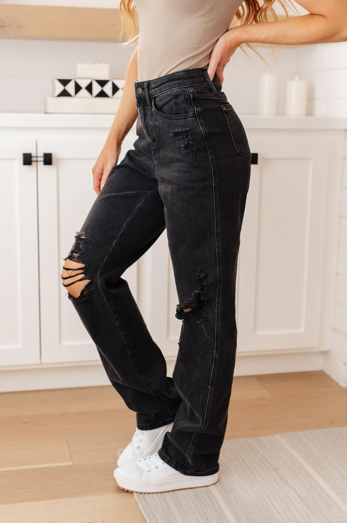 Susannah High Rise Rigid Magic 90's Distressed Straight Jeans in Black - Practical Magic Store